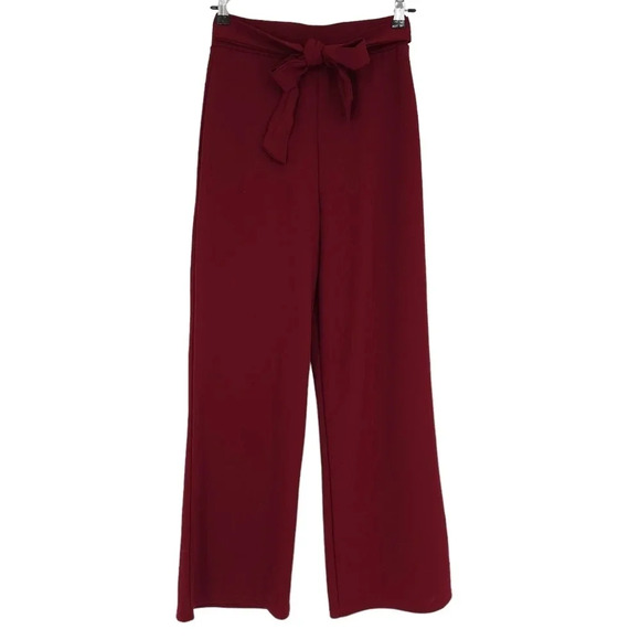 Iris Wide Leg Pants Trousers Burgundy High Rise Pull On Stretch Waist Tie Belt - Picture 1 of 6